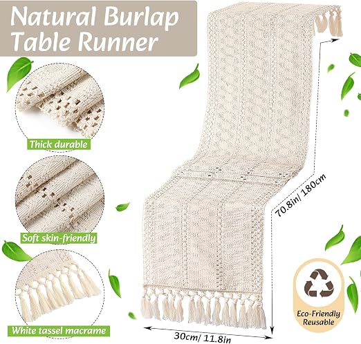 Boho Table Runner and Placemats Set, 6 Sets, Beige, 12x72