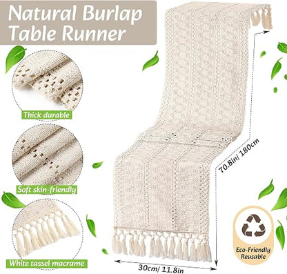 Boho Table Runner and Placemats Set, 6 Sets, Beige, 12x72
