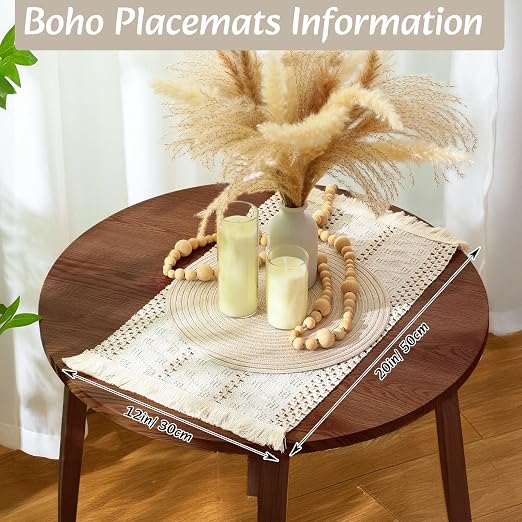 Boho Table Runner and Placemats Set, 6 Sets, Beige, 12x72