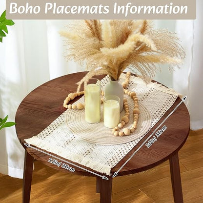 Boho Table Runner and Placemats Set, 6 Sets, Beige, 12x72