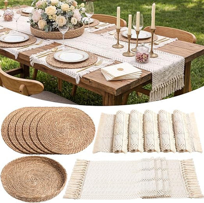 Boho Table Runner and Placemats Set, 6 Sets, Beige, 12x72